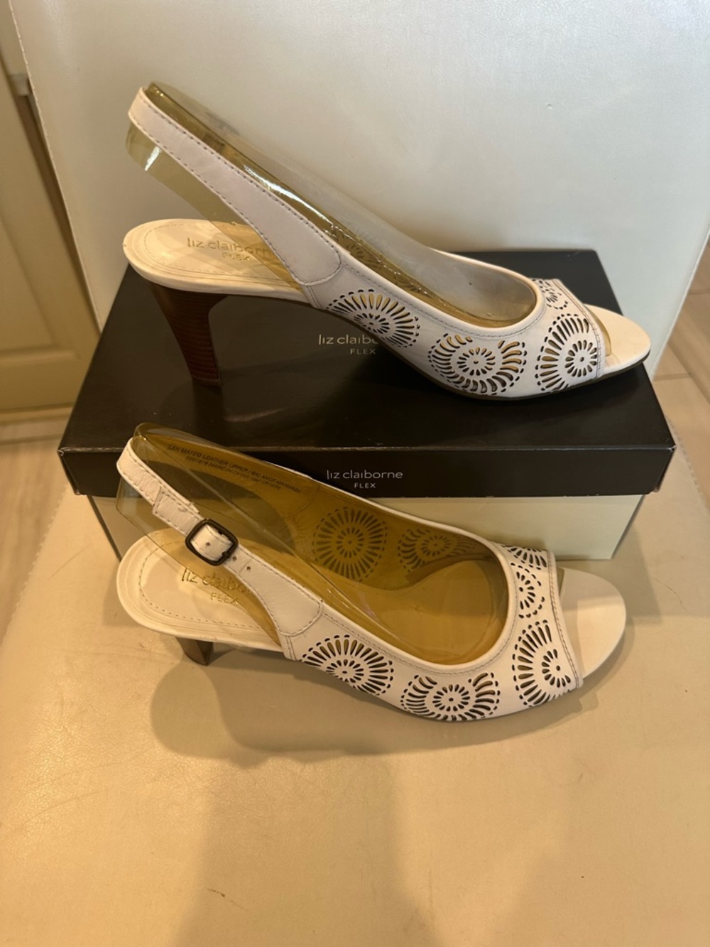 Liz Claiborne white Laser-Cut Slingback Heels
